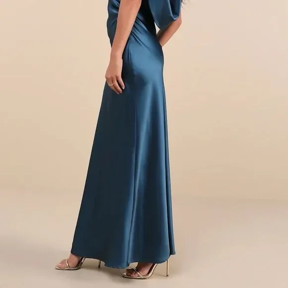 Lulus Captivating Presence Dark Teal Satin Cowl Back Maxi Dress Size Small NEW - Picture 8 of 12